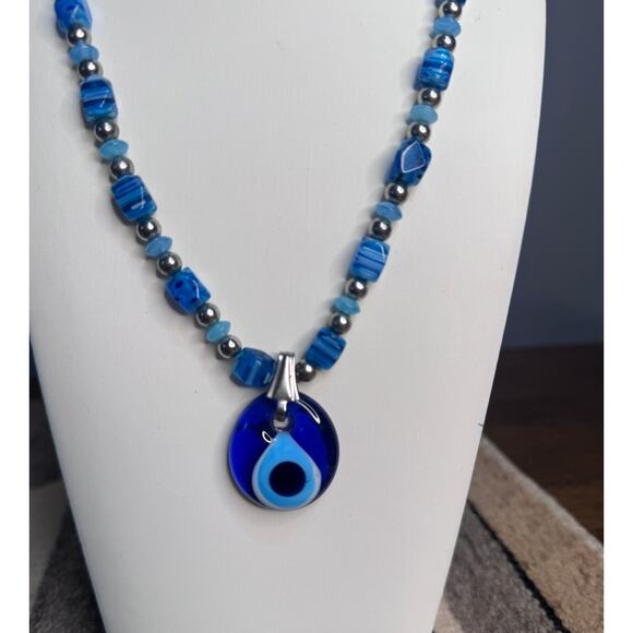 Turqouise Evil Eye Necklace With Aqua Beads Excellent Condition - Picture 2 of 4